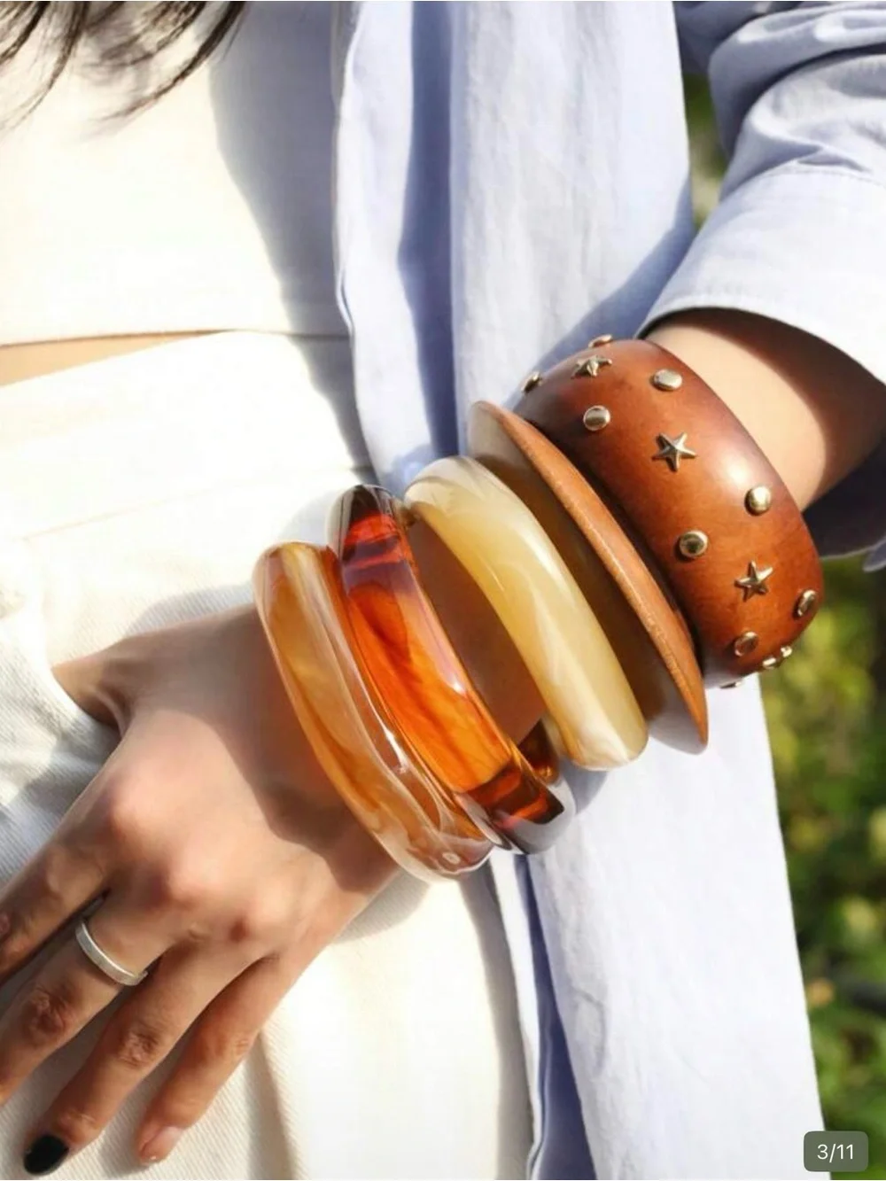 Stacked Amber and Cream Resin Decorative Bracelets - Unbranded